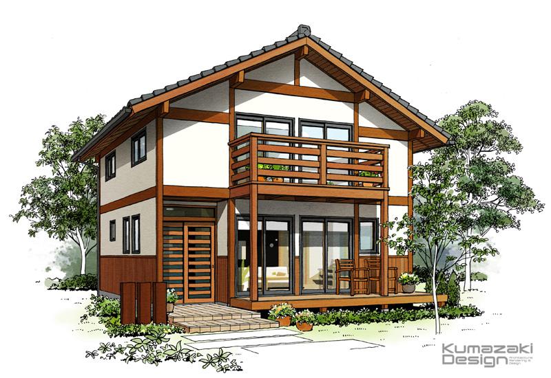 KD-28 ペン画 外観パース 木造住宅 瓦屋根 手書きパース 一戸建て 建築パース 手描き