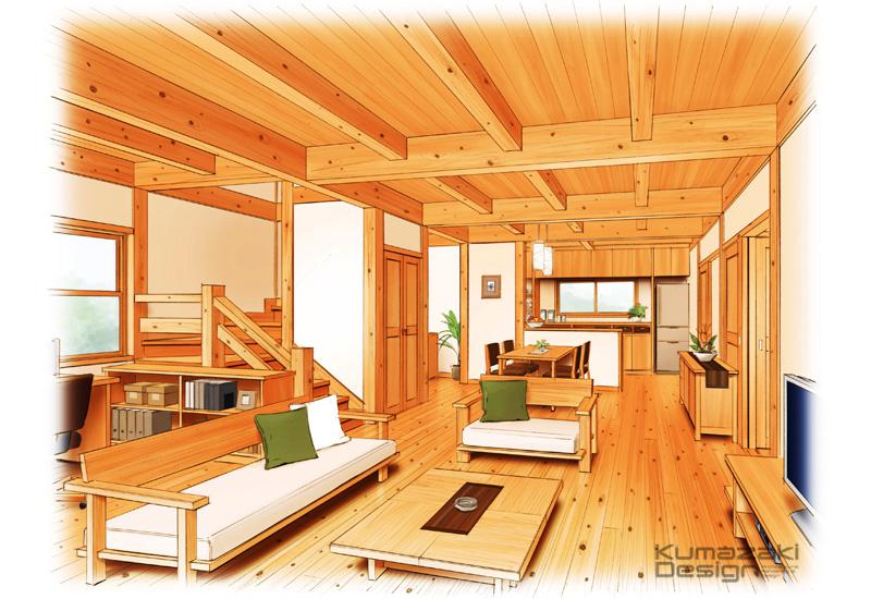 KD-35 木調 住宅内観 手書きパース カウンターキッチン インナー 建築パース 手描き