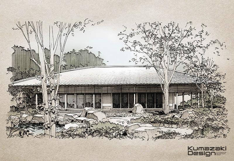 KD-57 料亭 建築パース サインペン画 線画 手描きパース 和風 庭園 手書きパース