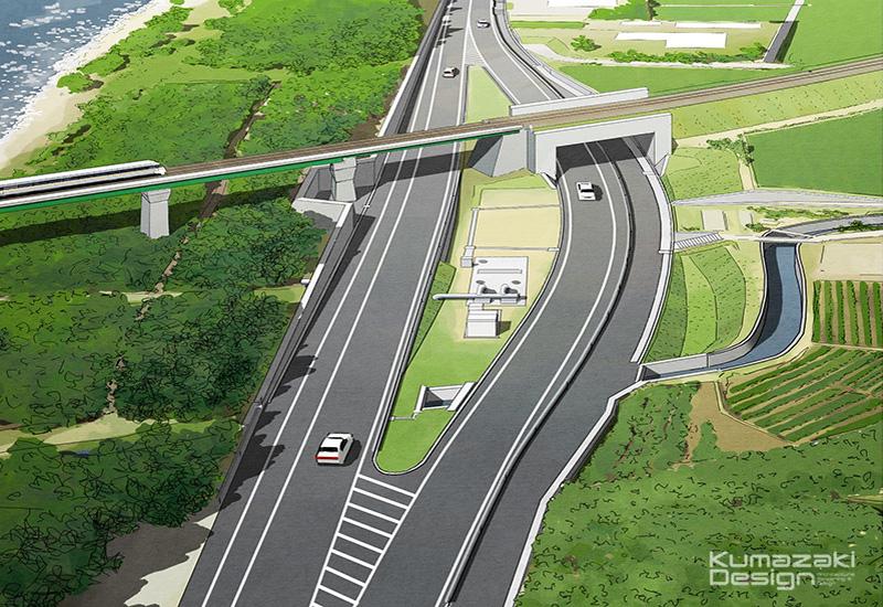 KD-58 道路拡幅改修 土木工事 建築パース 完成予想図 鳥瞰 道路工事 手描きパース