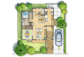 KD-112 庭付き一戸建て住宅の色付き平面パース
