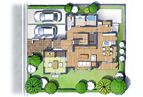 KD-113 庭付き一戸建て住宅の着色した平面パース
