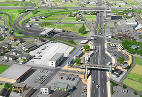 KD-122 インターチェンジ開発計画を描いた街並みの鳥瞰パース
